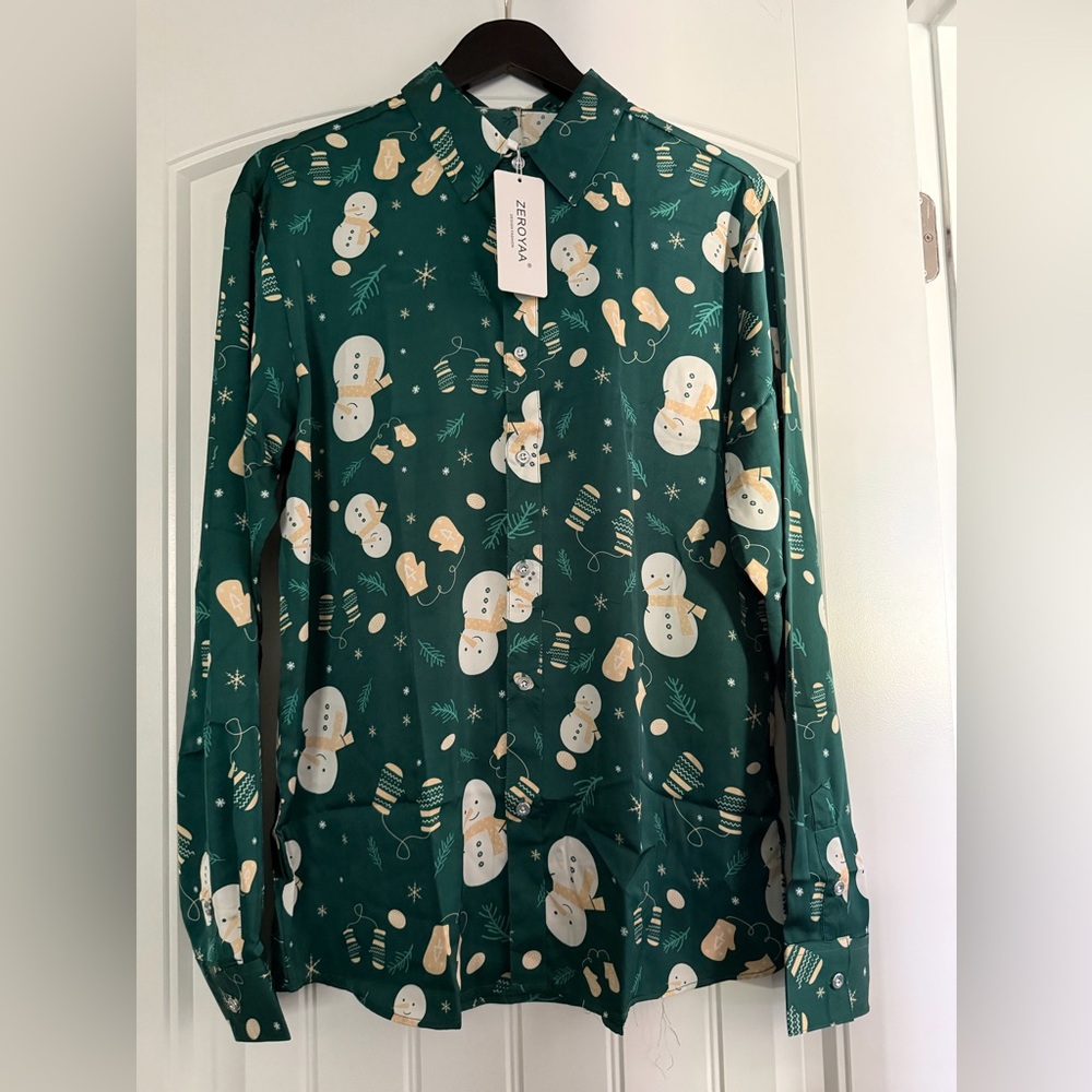 Green Snowman Print Men's Button-Up Shirt